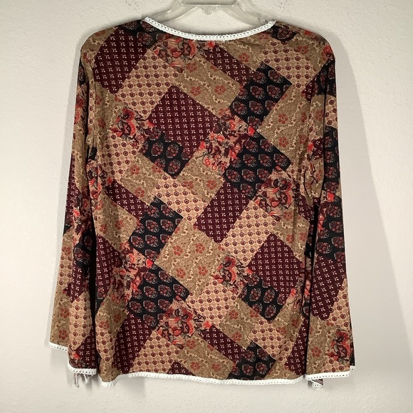 VINTAGE Plus Size Patchwork Blouse Top Brown Floral Boho Hippie Retro 70s 1X - Picture 8 of 9
